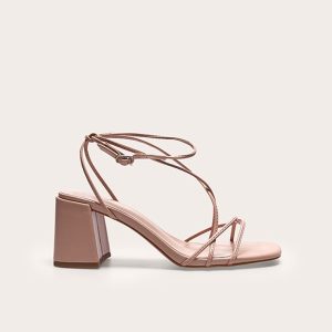 Nude Pu Round Toe Strappy Mid Block Heeled Sandals