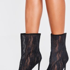 Black Lace Wide Fit Point Toe Stiletto Heel Ankle Boot
