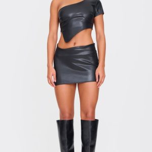 Black Faux Leather Asymmetric Hem Mini Skirt