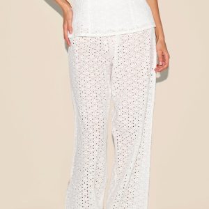 White Embroidered Mid Rise Trousers