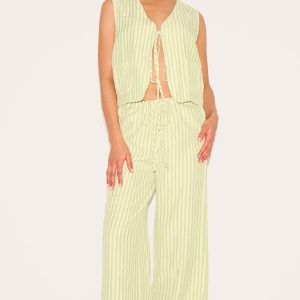 Petite Olive Striped Woven Wide Leg Trousers
