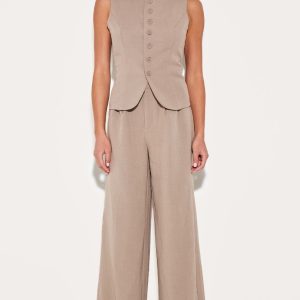 Taupe Tailored Tie Detail Woven Wide Leg Trousers