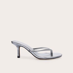 Silver Pu Round Toe Thong Mid Heeled Mules
