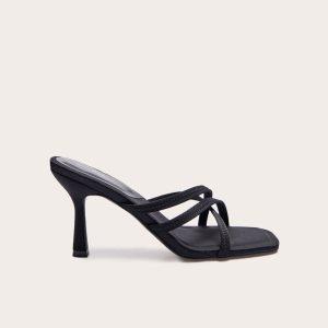 Black Lycra Square Toe Cross Strap Heeled Mules