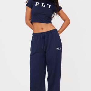 PRETTYLITTLETHING Navy Contrast Binding Wide Leg Joggers