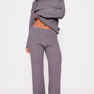 Grey Light Rib Knit Wide Leg Trousers