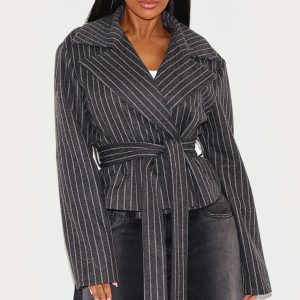 Shape Grey Wool Look Pinstripe Belted Jacket