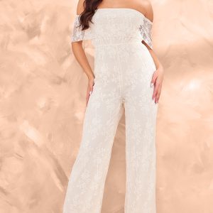 Butter Cream Shimmer Floral Lace Bardot Jumpsuit