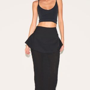 Black Overlay Detail Textured Woven Maxi Skirt