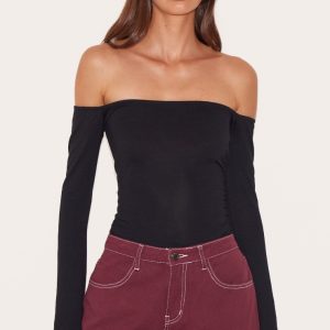 Black Soft Cotton Bardot Long Sleeve Top