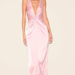 Pink Bridesmaid Satin Twist Detail Halterneck Maxi Dress
