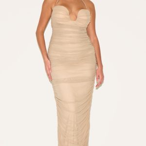 Plus Mushroom Mesh Ruched Bandeau Maxi Dress