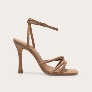 Mushroom Wide Fit Faux Suede Square Toe Tube Cross High Stiletto Heels