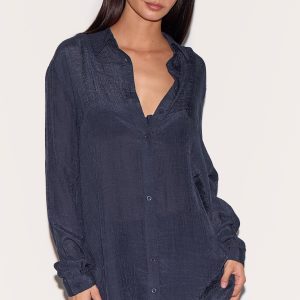 Navy Linen Look Oversized Beach Shirt