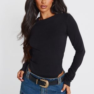 Petite Black Cotton Long Sleeve Top