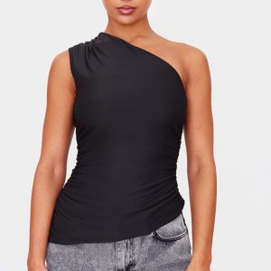 Black Asymmetric Ruched Side Longline Top