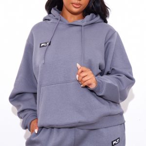 PRETTYLITTLETHING Plus Charcoal Logo Badge Detail Oversized Hoodie