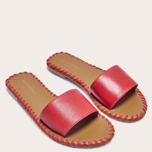 Red Real Leather Round Toe Stitch Detail Mule Sandals