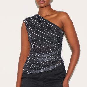 Monochrome Polka Dot Detail Mesh One Shoulder Long Top