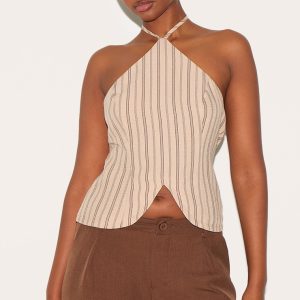 Beige Striped Halterneck Long Top
