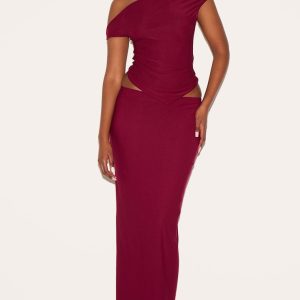 Burgundy Soft Touch Mid Rise Maxi Skirt