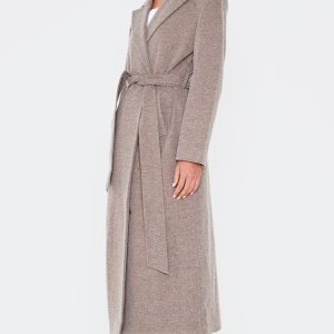 Mushroom Herringbone Self Tie Maxi Coat