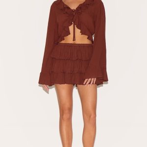 Petite Chocolate Cheesecloth Ruffle Mini Skort