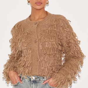 Taupe Loop Knit Crew Neck Button Up Cardigan