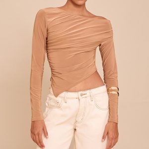 Tan Soft Touch Asymmetric Ruched Long Sleeve Top