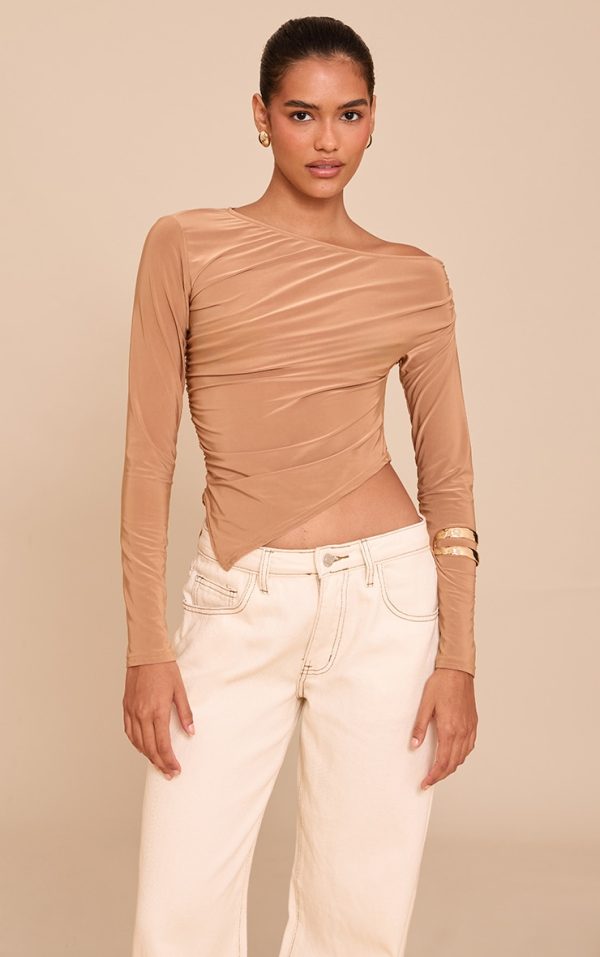db49f13ec6103b5190e5a0e976afaa2ee2c02381_CNM6299_1_tan_soft_touch_asymmetric_ruched_long_sleeve_top