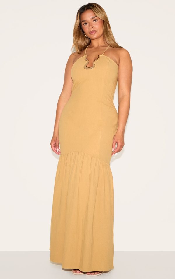 db5182c14cb0d8778c8c025831a27e4f671a329c_CNM6441_3_shape_khaki_linen_gold_wave_trim_dropped_hem_maxi_dress