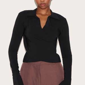 Black Bengaline Wrap Detail Fitted Shirt