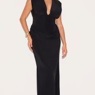 db74a083b47d704c6bc42758ecf53ff8a5d762af_CNN0725_3_plus_black_double_layer_plunge_ruched_shoulder_drape_waist_maxi_dress