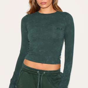 PRETTYLITTLETHING Forest Green Washed Longline Cotton Long Sleeve Fitted T-shirt