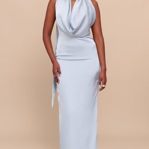 Baby Blue Satin Cowl Neck Drape Maxi Dress