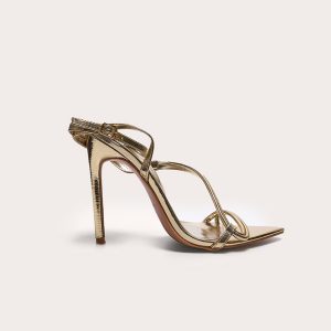 Gold PU Point Toe Cross Over Strapped High Heeled Sandals