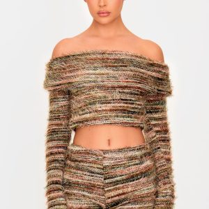 Multi Fluffy Textured Foldover Bardot Top