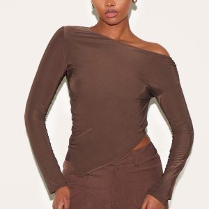 Chocolate Soft Touch Asymmetric Ruched Long Sleeve Top