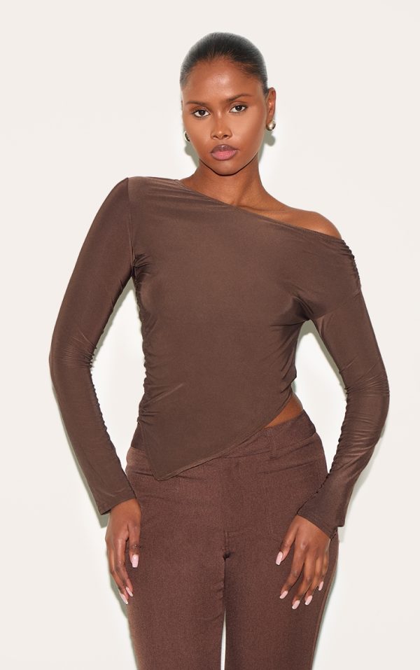 dbcbdec3b9d505950362e6c52a80038bfd37d4ea_CNM2385_1_chocolate_soft_touch_asymmetric_ruched_long_sleeve_top