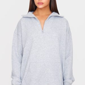 Grey Marl Zip Up Pocket Detail Sweatshirt