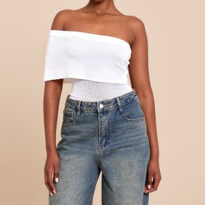 White Sheer Soft Touch Fold Over Detail One Shoulder Long Top