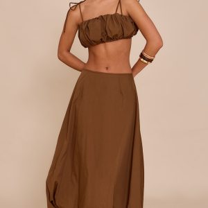 Chestnut Cotton Poplin Low Rise Maxi Puff Ball Skirt