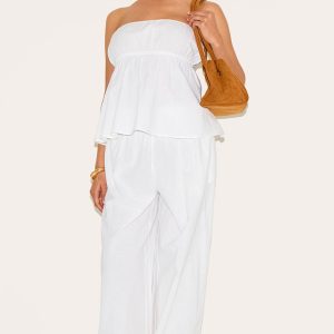 Petite White Linen Look Floaty Wide Leg Trousers