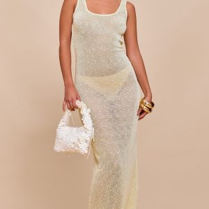 Lemon Sequin Sheer Racer Neck Maxi Dress