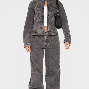 Petite Washed Black Iconic Embossed Denim Jeans