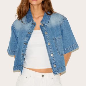Mid Blue Wash Short Sleeve Pocket Detail Denim Shirt
