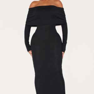 Shape Black Fold Over Bardot Rib Maxi Dress