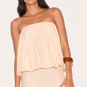 Natural Linen Look Ruched Longline Bandeau Top