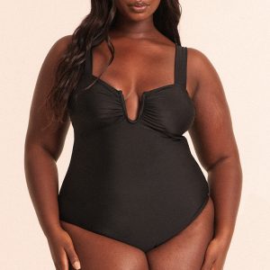 Plus Black Underwired U Bar Ruched Cup Swimsuit