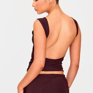 Chocolate Slinky Open Back Cap Sleeve Longline Top
